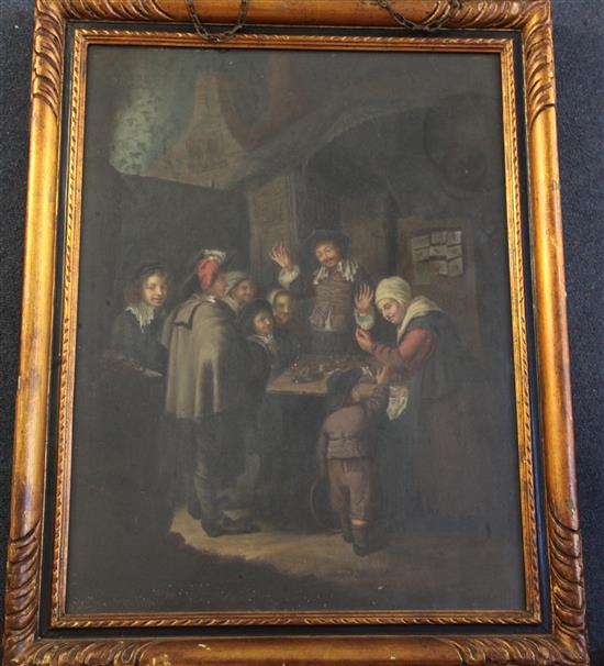 19th century Continental School 17th century interior with figures around a table 18.5 x 14in.